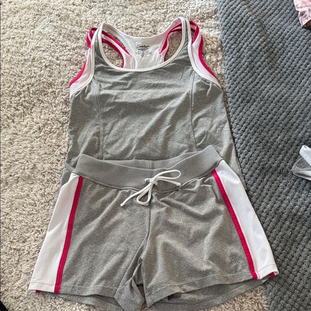 Stylish Gray and White Athletic Shorts with Pink Trim